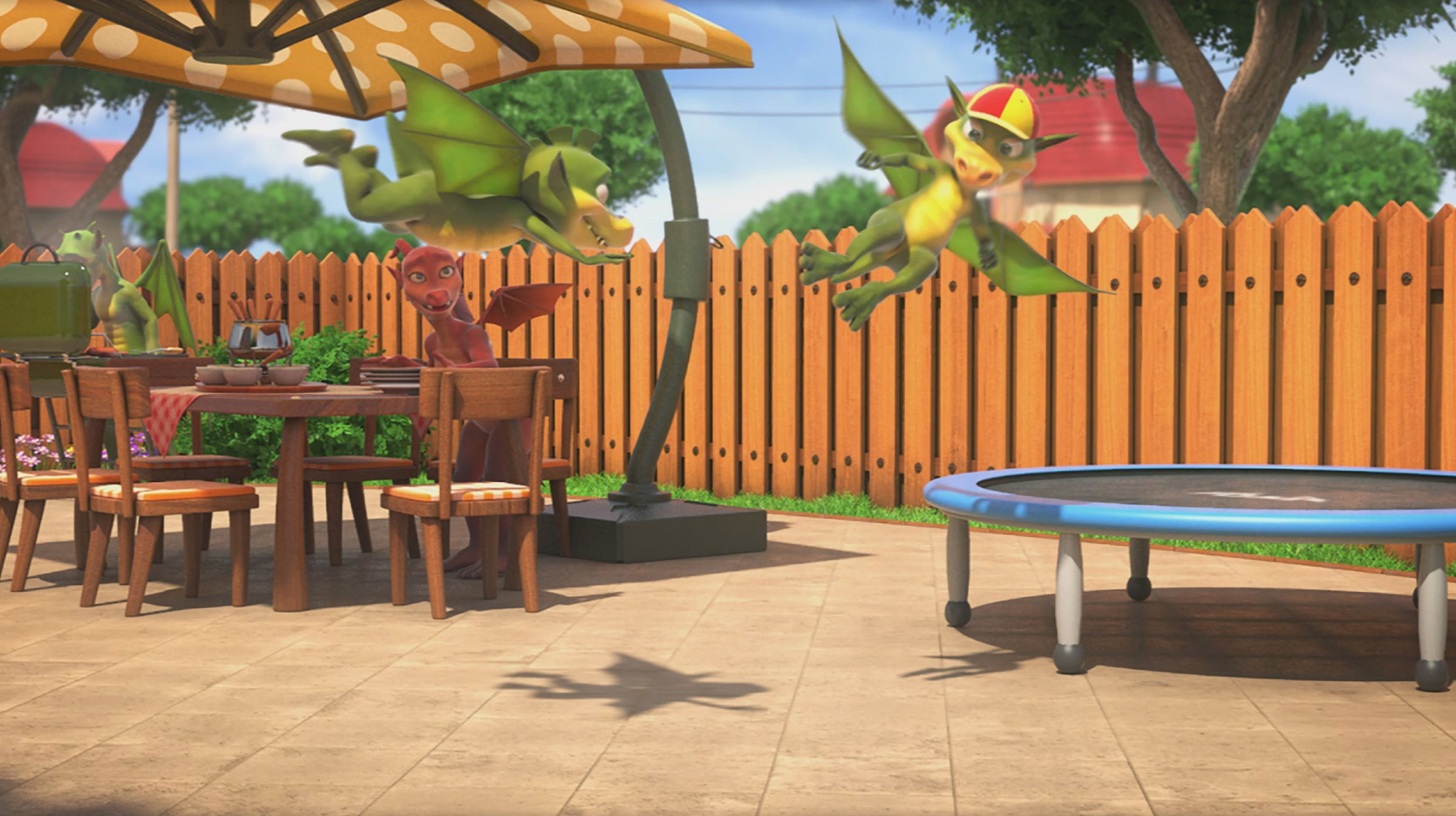 The backyard - the only safety area for the flying and fire-breathing family.